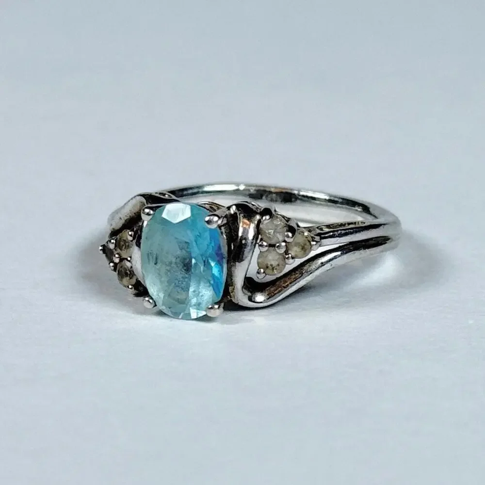 Vintage Sterling Silver 925 Blue Topaz with Clear Topaz Accents 7us Size 3.72g